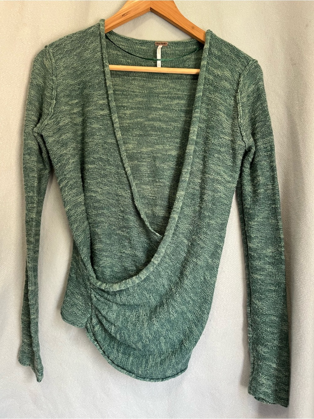 Free People Faux Wrap Sweater Top Cotton Linen Blend Teal Green Long Sleeve XS